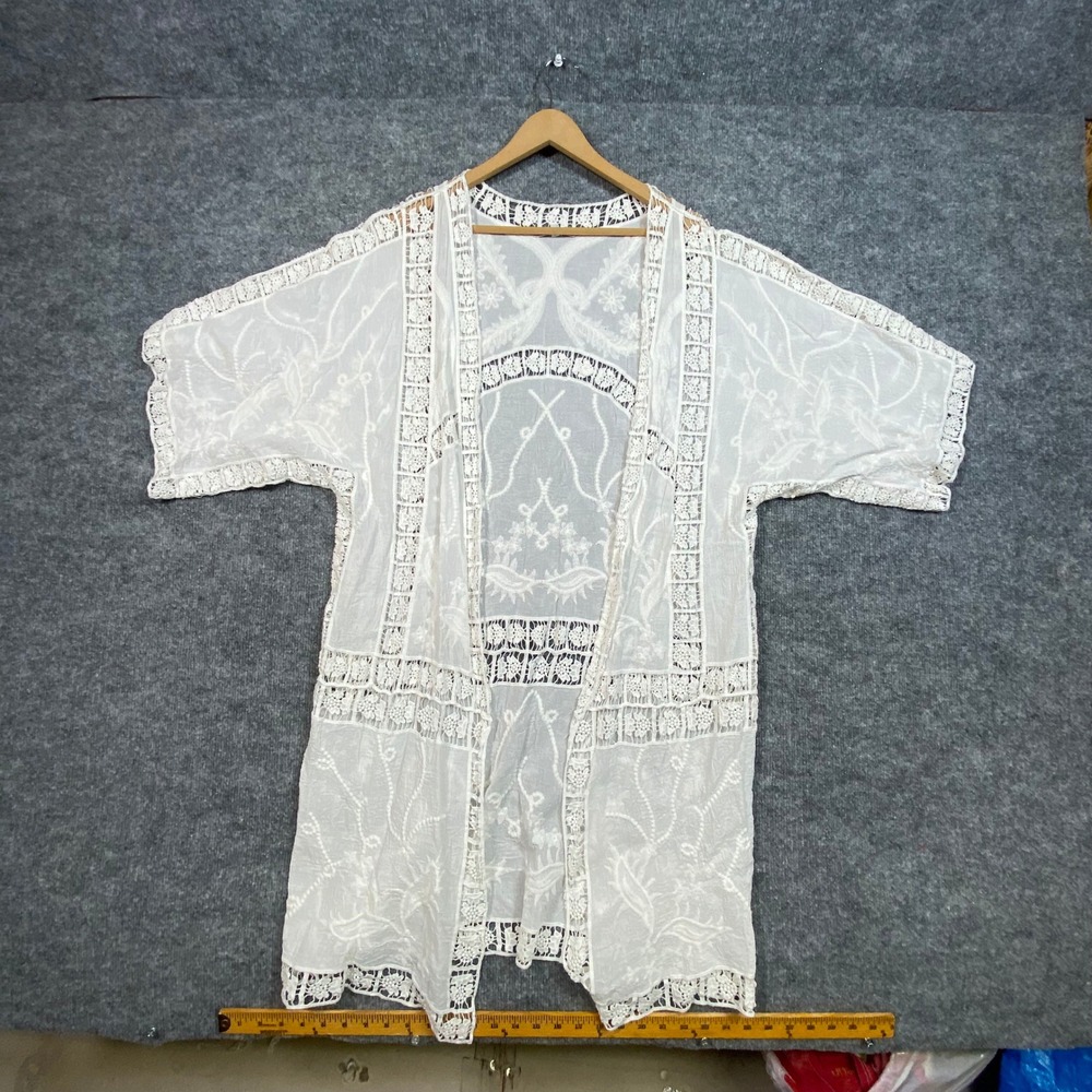 See And Be Seen White Cotton Embroidered Lace Kimono Cardigan ML T2732-1
